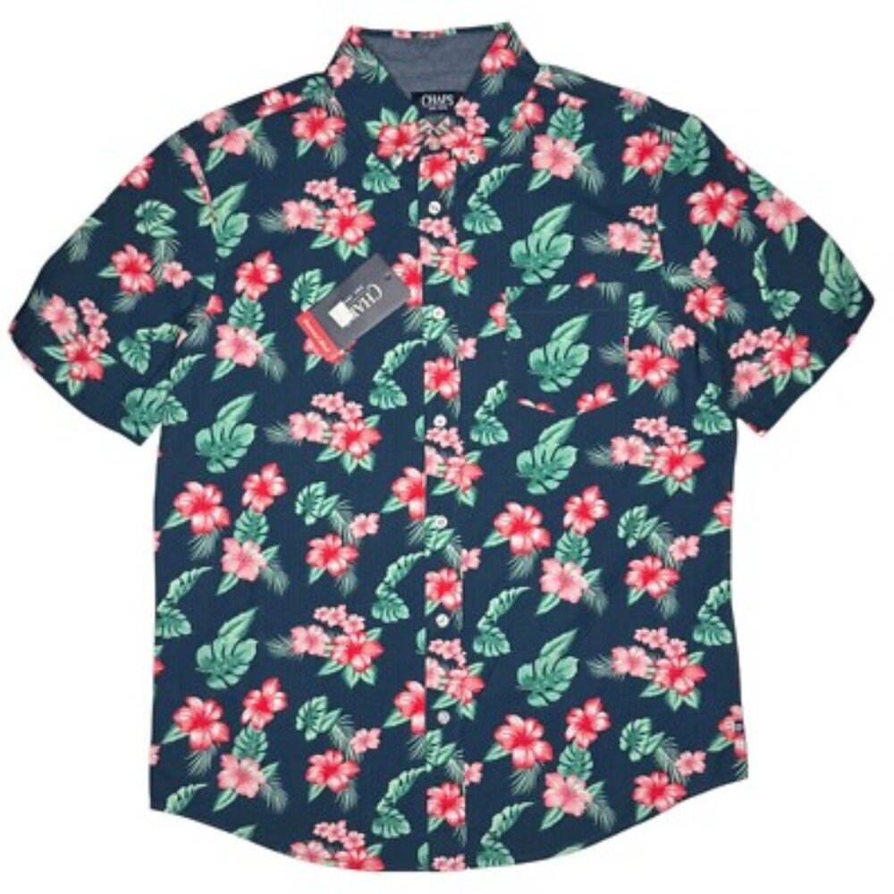 Men’s L Chaps Navy Floral Seesucker Short-Sleeve Button-Down Shirt
